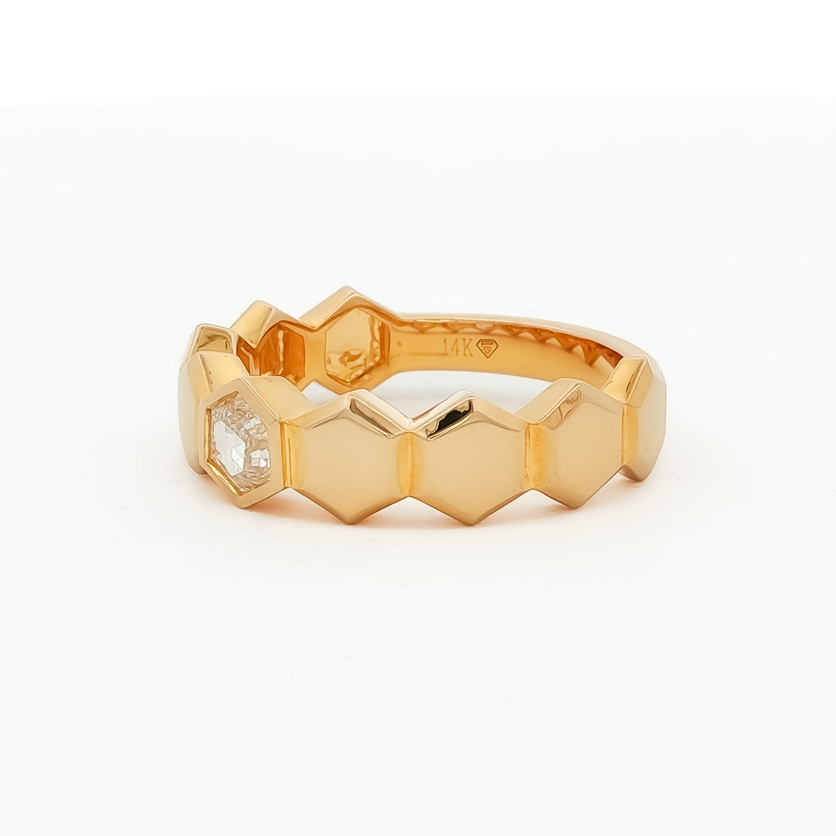 14kt Yellow Gold .34 ct Hexagon Cut Diamond in Hexagon Band 5,5.5,6,6.5,7,7.5,8