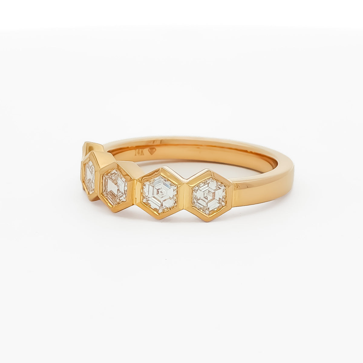 14kt Yellow Gold .70 ctw Hexagon Cut Diamond 5 Stone Bezel Set Band 5,5.5,6,6.5,7,7.5,8