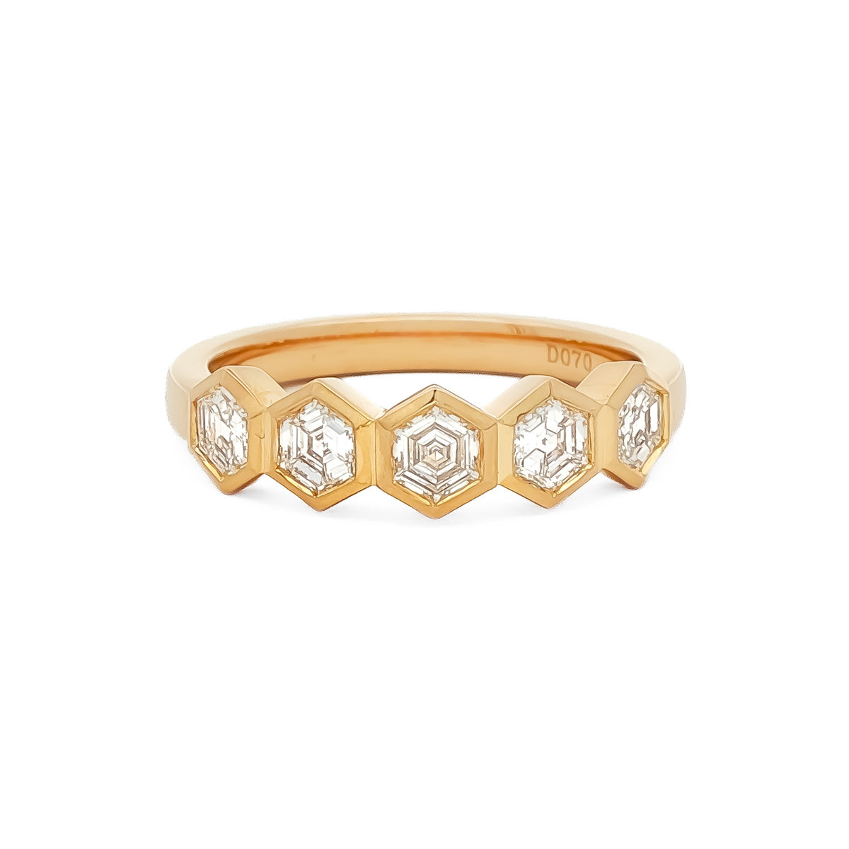 14kt Yellow Gold .70 ctw Hexagon Cut Diamond 5 Stone Bezel Set Band 5,5.5,6,6.5,7,7.5,8