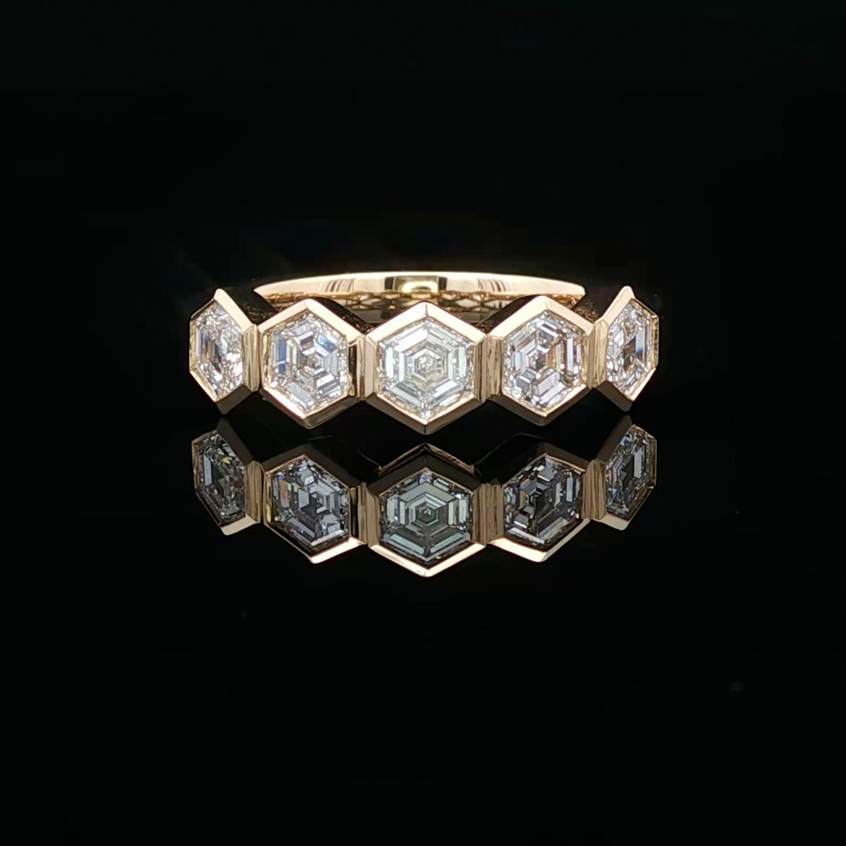 14kt Yellow Gold 1.01 ctw Hexagon Cut Diamond 5 Stone Bezel Set Band 5,5.5,6,6.5,7,7.5,8