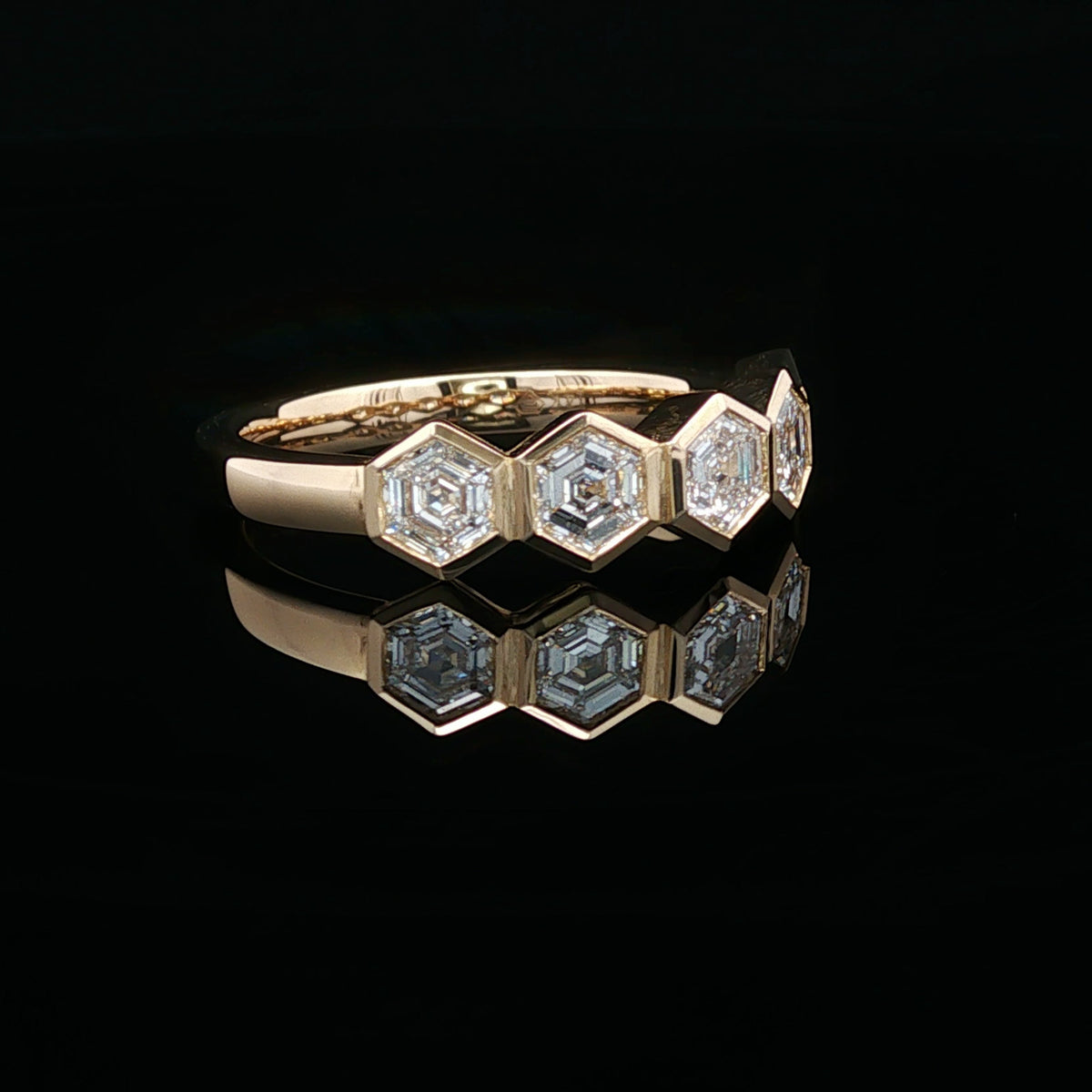 14kt Yellow Gold 1.01 ctw Hexagon Cut Diamond 5 Stone Bezel Set Band 5,5.5,6,6.5,7,7.5,8
