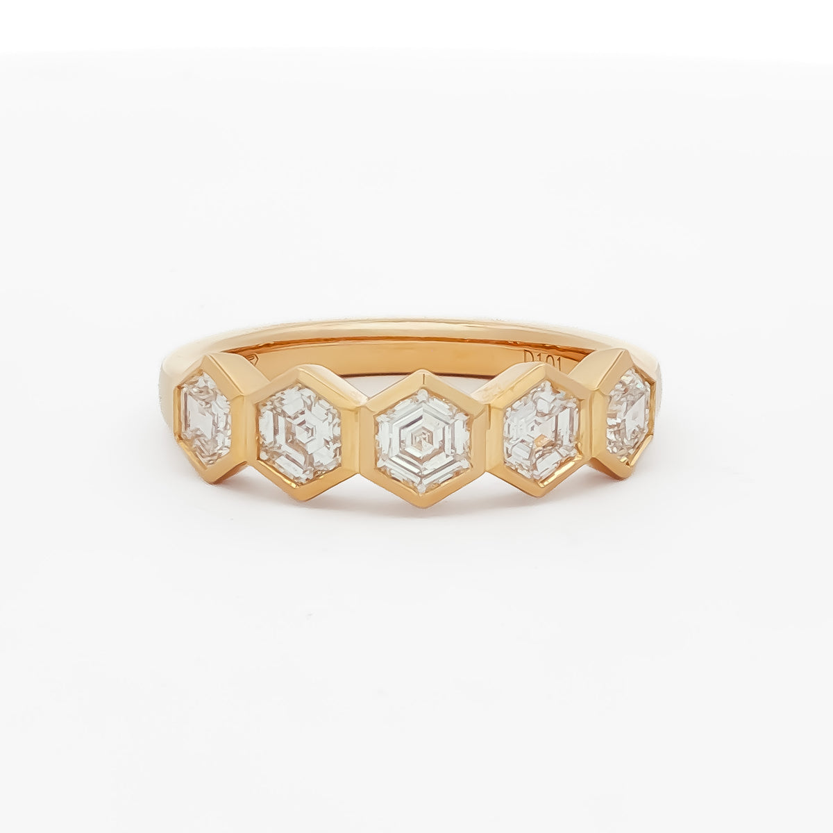 14kt Yellow Gold 1.01 ctw Hexagon Cut Diamond 5 Stone Bezel Set Band 5,5.5,6,6.5,7,7.5,8