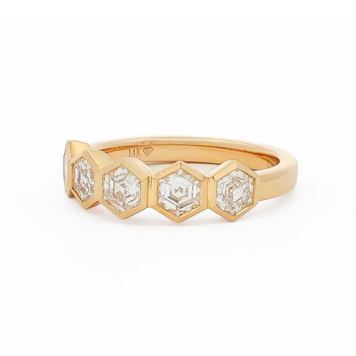 14kt Yellow Gold 1.01 ctw Hexagon Cut Diamond 5 Stone Bezel Set Band 5,5.5,6,6.5,7,7.5,8