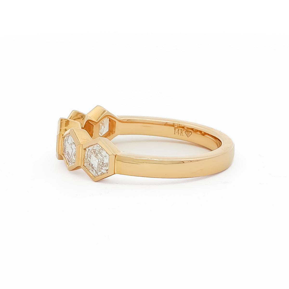 14kt Yellow Gold 1.01 ctw Hexagon Cut Diamond 5 Stone Bezel Set Band 5,5.5,6,6.5,7,7.5,8