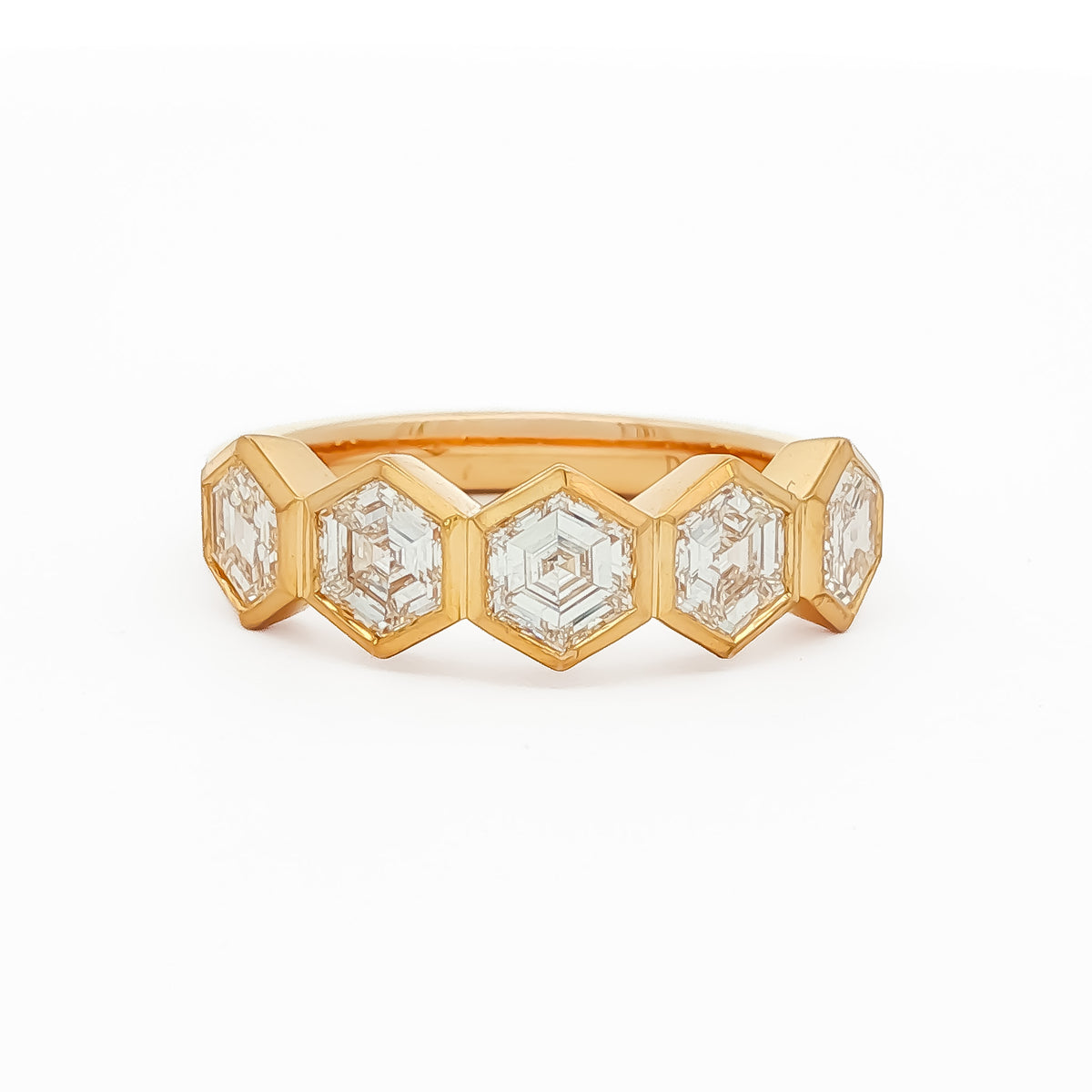 14kt Yellow Gold 1.62 ctw Hexagon Cut Diamond 5 Stone Bezel Set Band 5,5.5,6,6.5,7,7.5,8