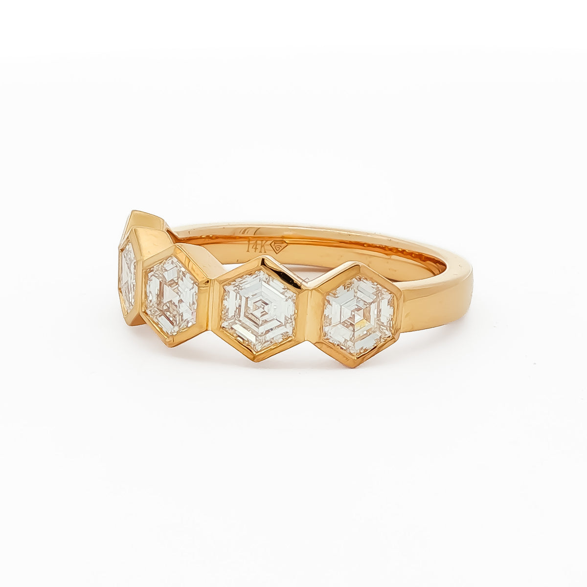 14kt Yellow Gold 1.62 ctw Hexagon Cut Diamond 5 Stone Bezel Set Band 5,5.5,6,6.5,7,7.5,8