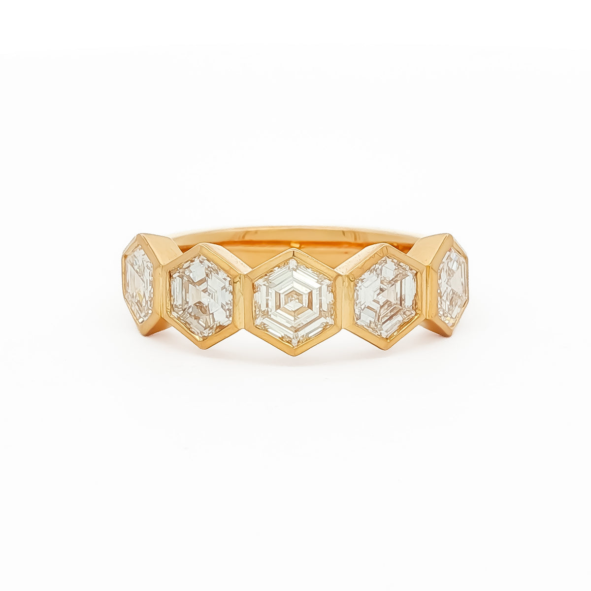 14kt Yellow Gold 1.94 ctw Hexagon Cut Diamond 5 Stone Bezel Set Band 5,5.5,6,6.5,7,7.5,8