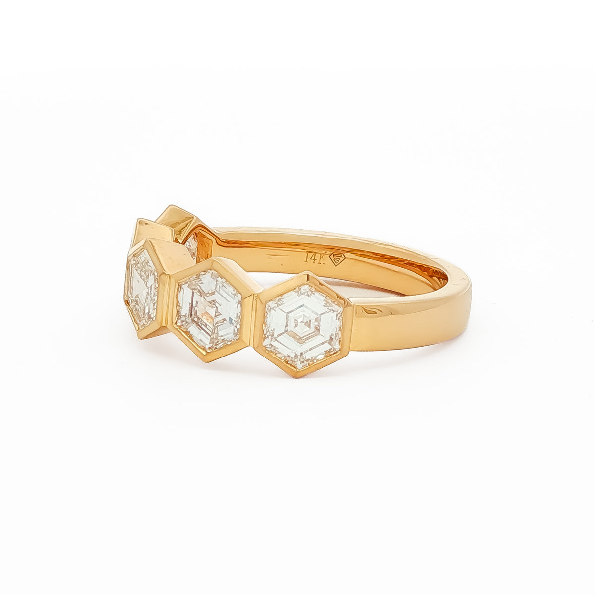 14kt Yellow Gold 1.94 ctw Hexagon Cut Diamond 5 Stone Bezel Set Band 5,5.5,6,6.5,7,7.5,8