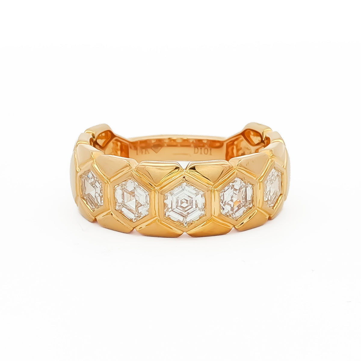 14kt Yellow Gold 1.01 ctw Hexagon Cut Diamond 5 Stone Bezel Set in Hexagon Pattern Band 5,5.5,6,6.5,7,7.5,8