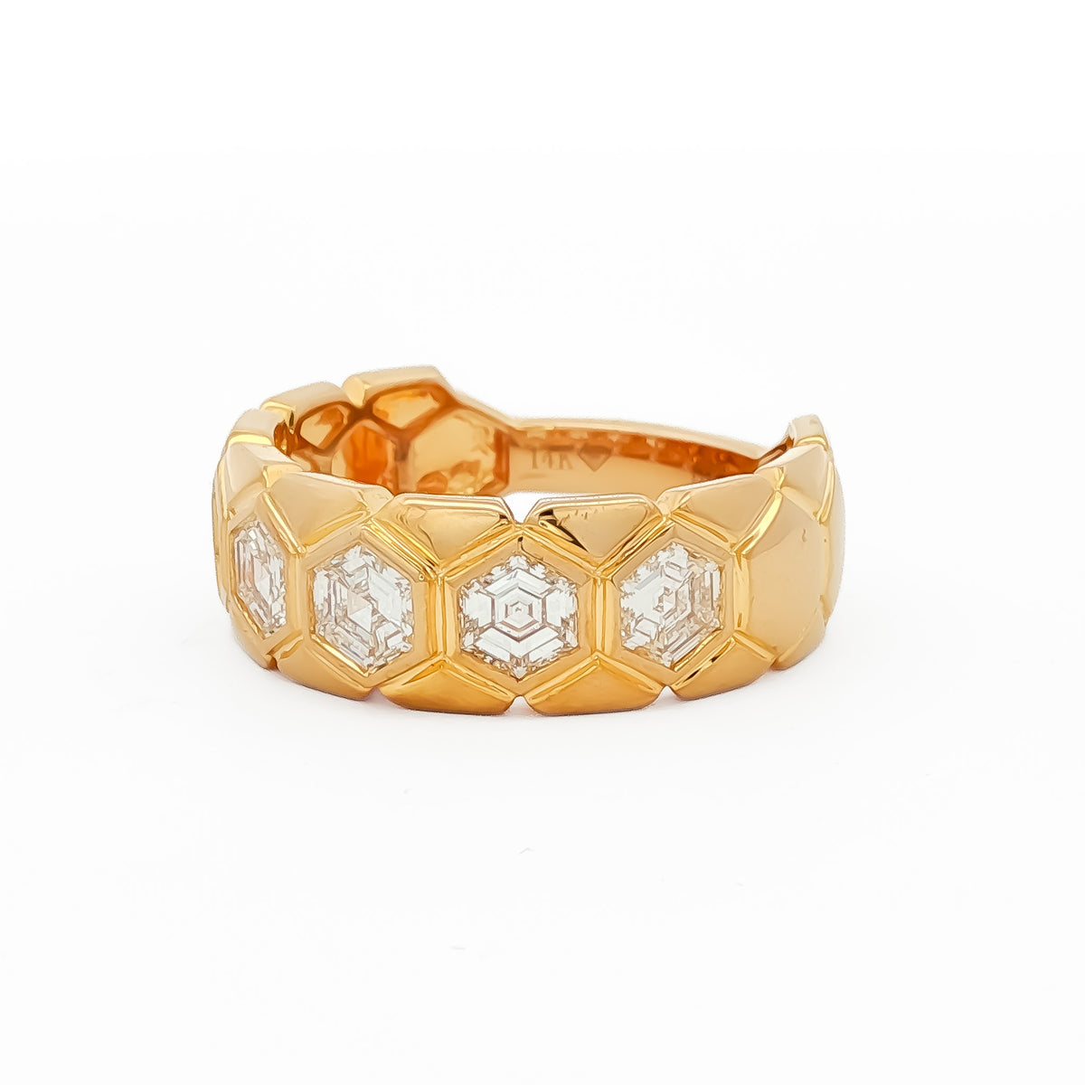 14kt Yellow Gold 1.01 ctw Hexagon Cut Diamond 5 Stone Bezel Set in Hexagon Pattern Band 5,5.5,6,6.5,7,7.5,8