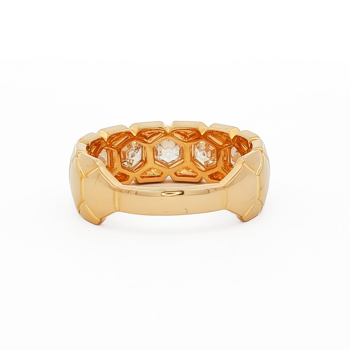 14kt Yellow Gold 1.01 ctw Hexagon Cut Diamond 5 Stone Bezel Set in Hexagon Pattern Band 5,5.5,6,6.5,7,7.5,8