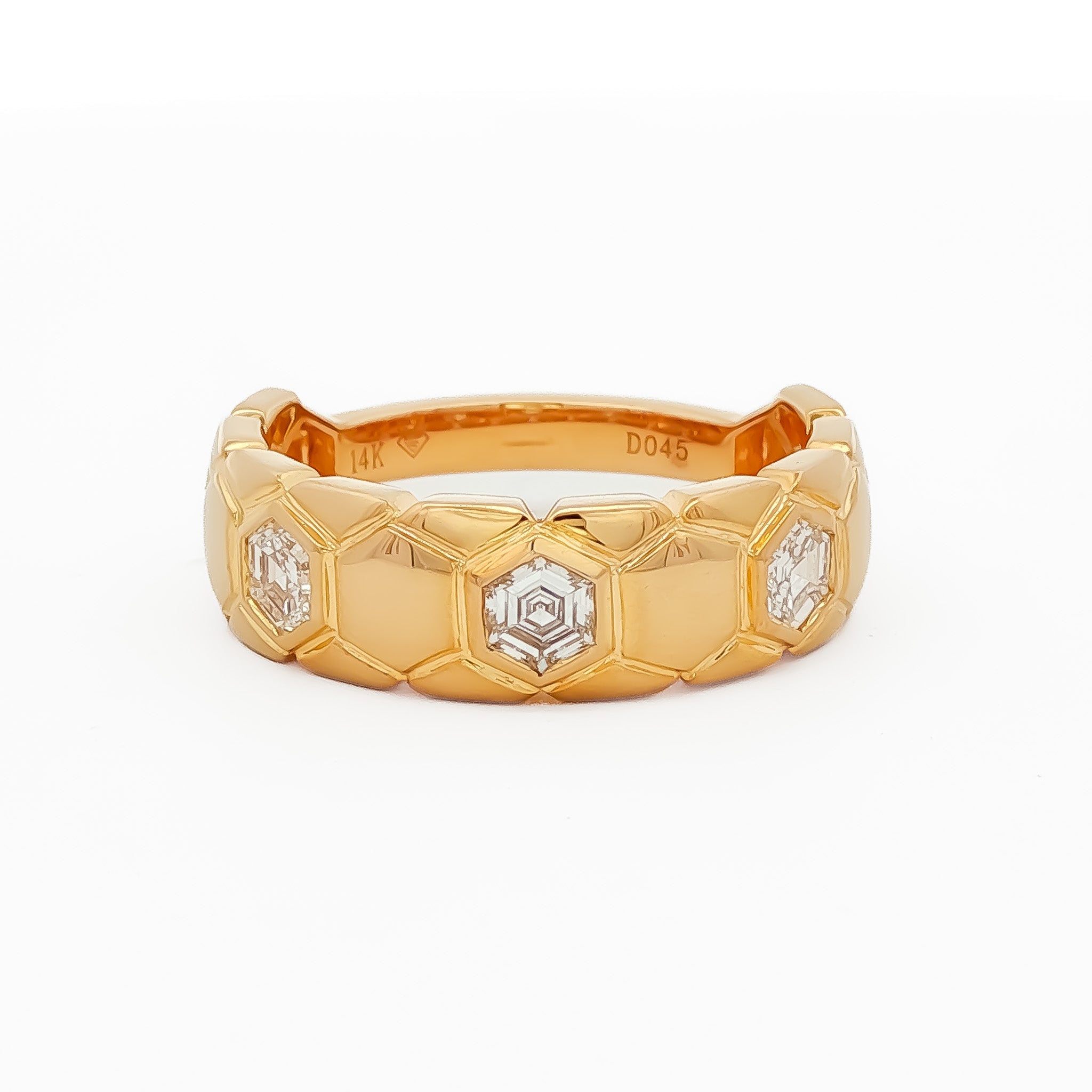 14kt Yellow Gold .45 ctw Hexagon Cut Diamond 3 Stone Bezel Set in Hexagon Pattern Band 5,5.5,6,6.5,7,7.5,8