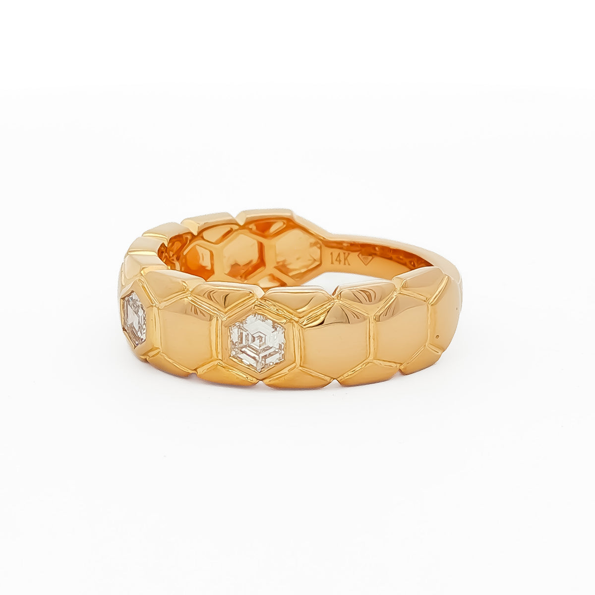 14kt Yellow Gold .45 ctw Hexagon Cut Diamond 3 Stone Bezel Set in Hexagon Pattern Band 5,5.5,6,6.5,7,7.5,8