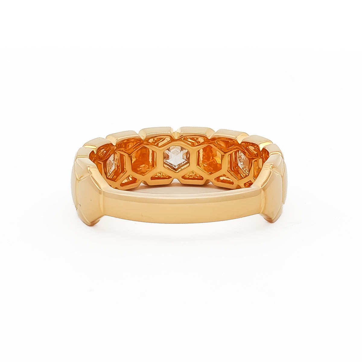 14kt Yellow Gold .45 ctw Hexagon Cut Diamond 3 Stone Bezel Set in Hexagon Pattern Band 5,5.5,6,6.5,7,7.5,8