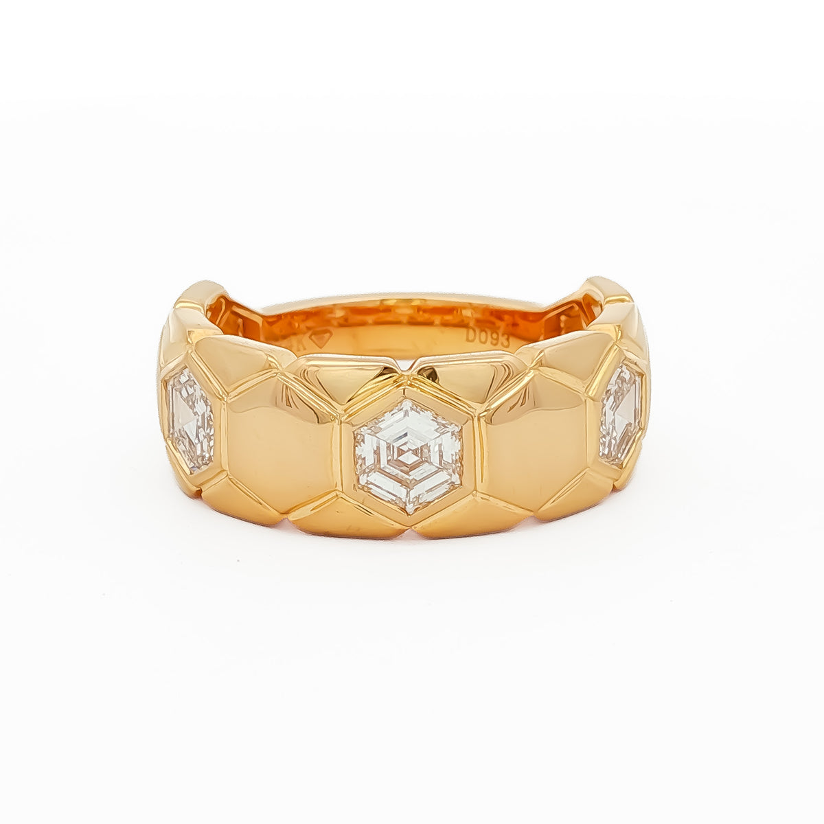 14kt Yellow Gold .93 ctw Hexagon Cut Diamond 3 Stone Bezel Set in Hexagon Pattern Band 5,5.5,6,6.5,7,7.5,8