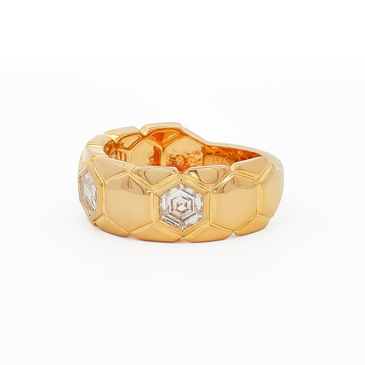 14kt Yellow Gold .93 ctw Hexagon Cut Diamond 3 Stone Bezel Set in Hexagon Pattern Band 5,5.5,6,6.5,7,7.5,8