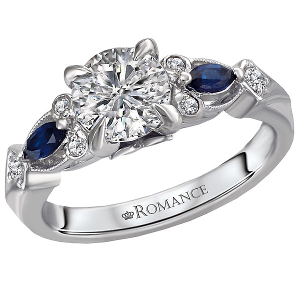 14K WHITE GOLD 0.09CTW DIAMOND & 1/5CTW SAPPHIRE MILGRAIN FOR 1 CARAT ROUND 4,4.5,5,5.5,6,6.5,7,7.5,8,8.5,9