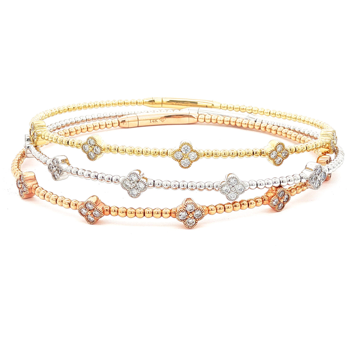 14kt Gold 1/3 ct Diamond Clover Flex Bangle Bracelet White,Yellow,Rose