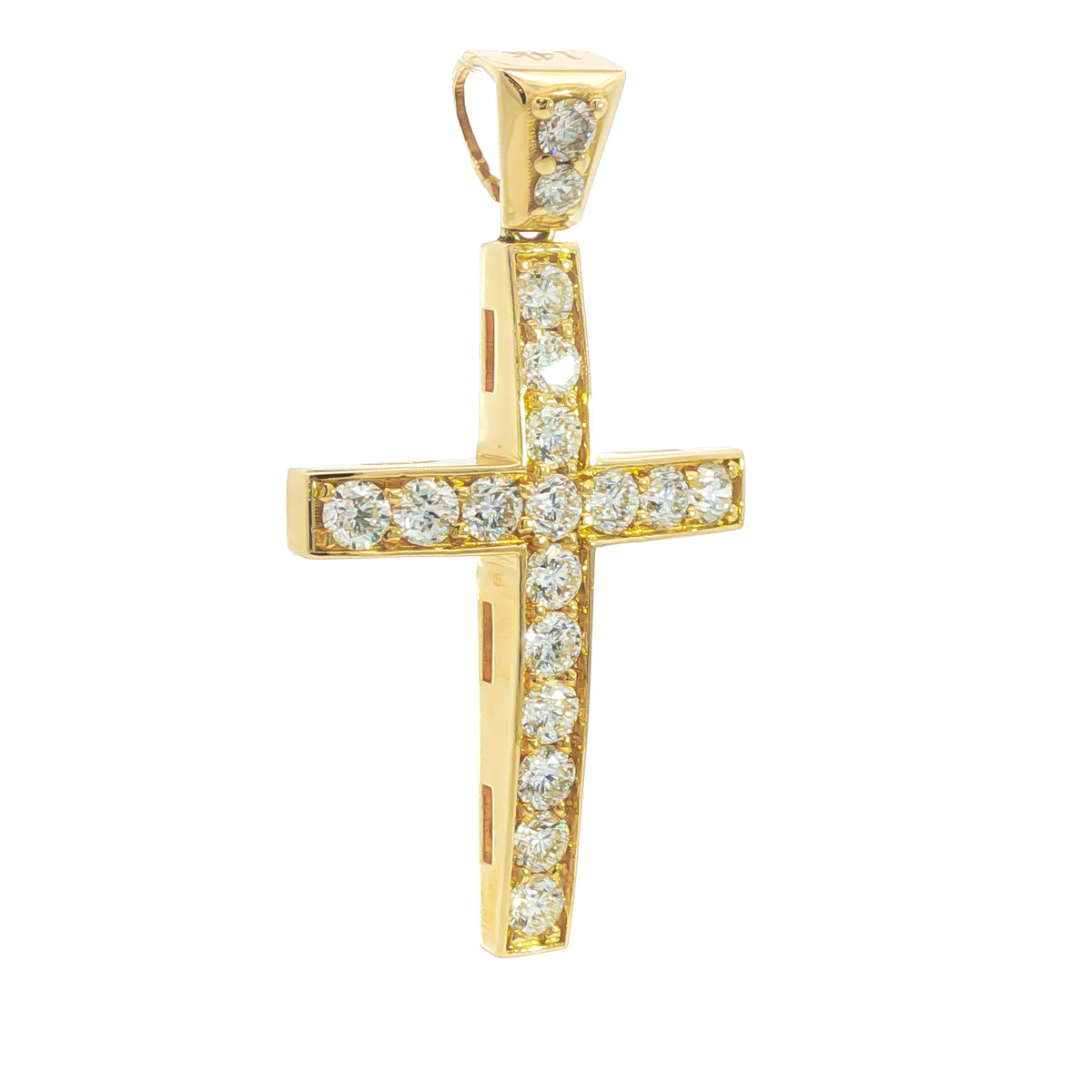 14kt Yellow Gold 3.20 ctw Shared Prong Bowed Cross Pendant with Diamond Bail