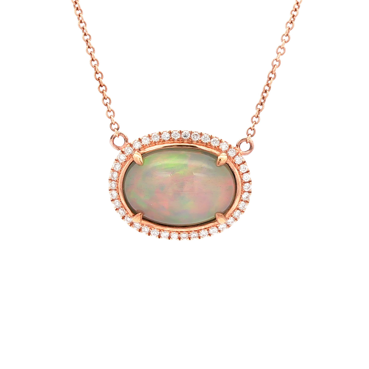 3.37 ct Opal & .28 ctw Diamond 18kt Rose Gold Oval Halo Necklace