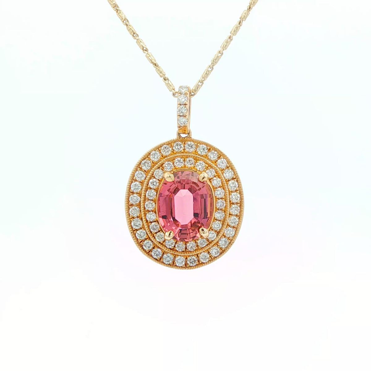 2.09 ct Pink Tourmaline & .60 ctw Diamond Double Halo 14kt Yellow Gold Pendant