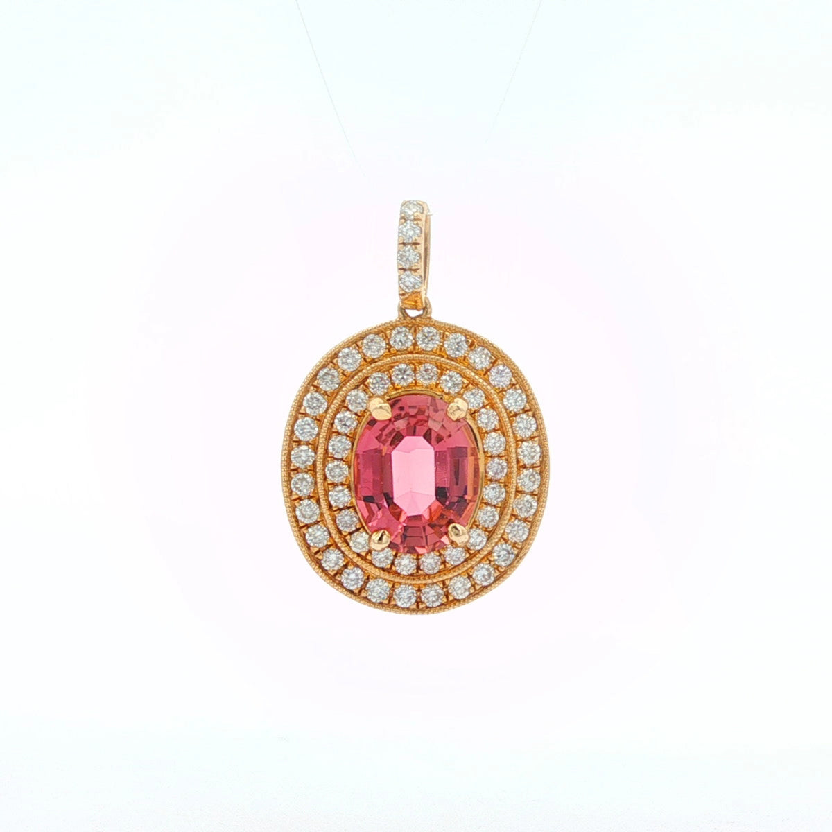 2.09 ct Pink Tourmaline & .60 ctw Diamond Double Halo 14kt Yellow Gold Pendant