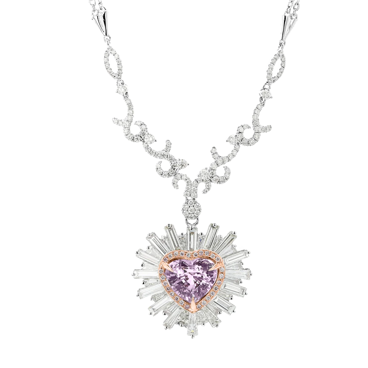 Juleve 18kt White & Rose Gold 5.13 ctw Pink Heart Sapphire & Diamond Double Halo Necklace