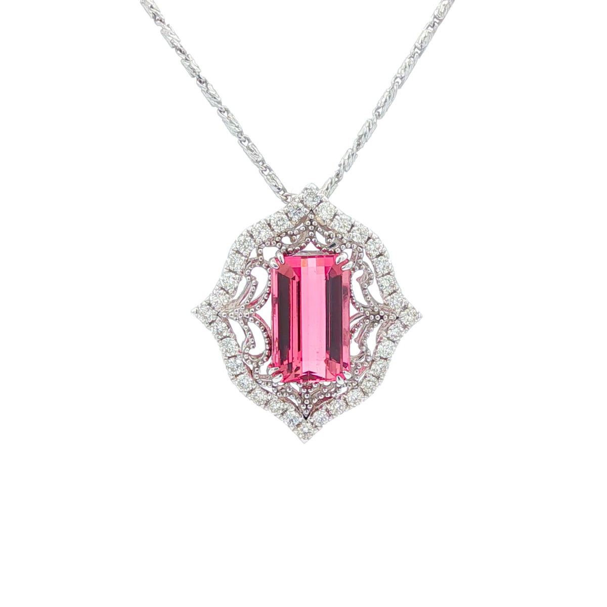 3.36 ct Pink Tourmaline & .49 ctw Diamond Milgrain Halo 14kt White Gold Pendant