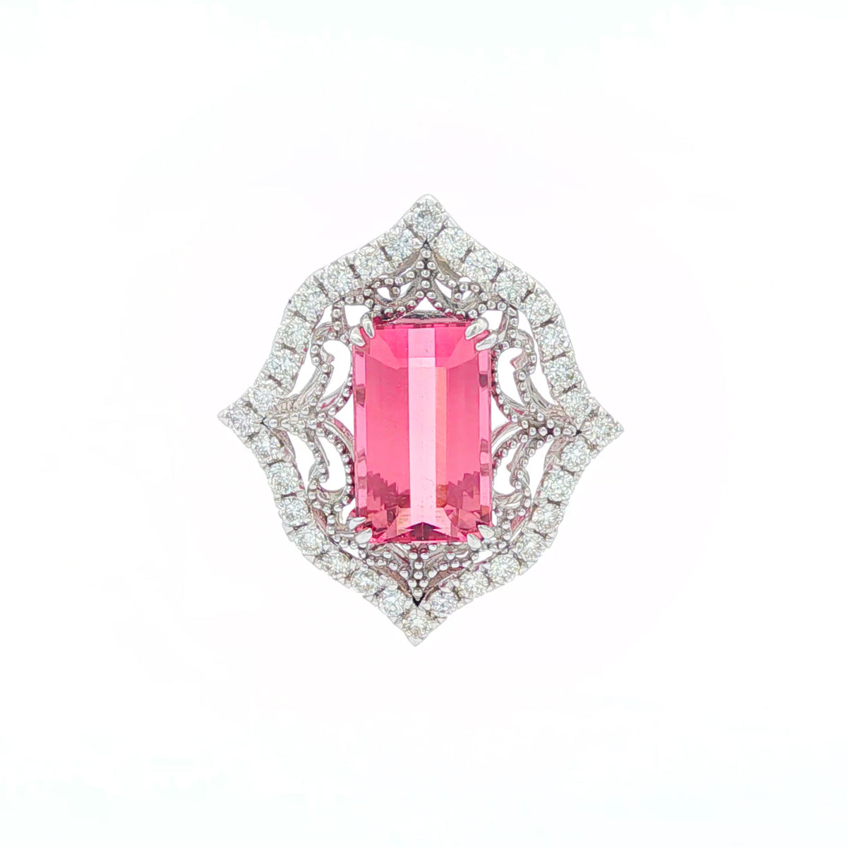 3.36 ct Pink Tourmaline & .49 ctw Diamond Milgrain Halo 14kt White Gold Pendant