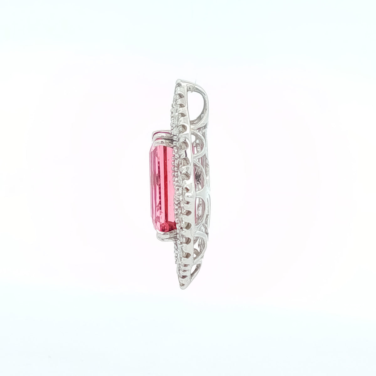 3.36 ct Pink Tourmaline & .49 ctw Diamond Milgrain Halo 14kt White Gold Pendant