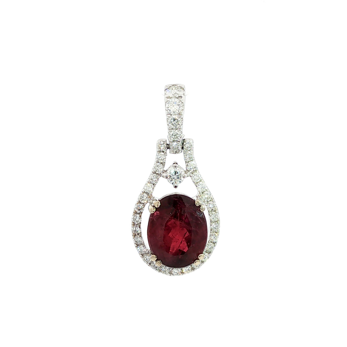 14kt White Gold 2.18 ct Oval Rubellite with Diamond Loop Halo Pendant