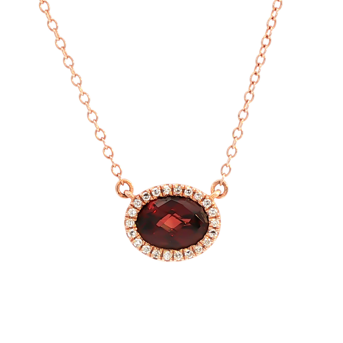 14kt Rose Gold .95 ct Oval Garnet and Diamond Halo Necklace