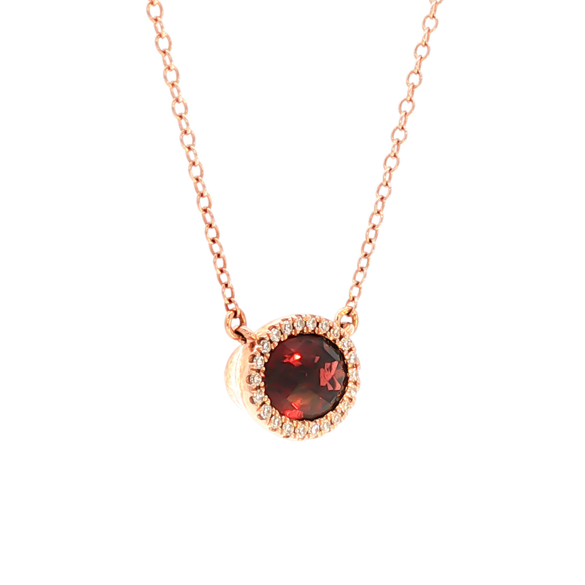 14kt Rose Gold .95 ct Oval Garnet and Diamond Halo Necklace