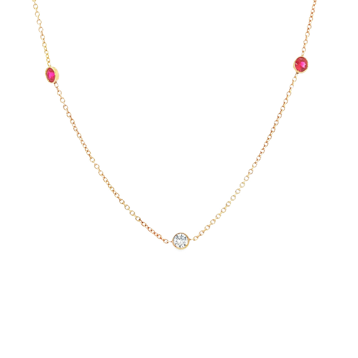 14kt Yellow Gold 0.49 ctw Ruby & 0.30 ctw Diamond Alternating Bezel Necklace
