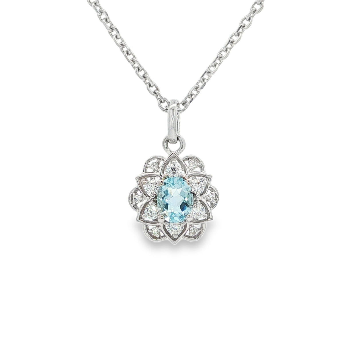 14kt White Gold .29 ct Oval Aquamarine with Diamond Flower Pendant
