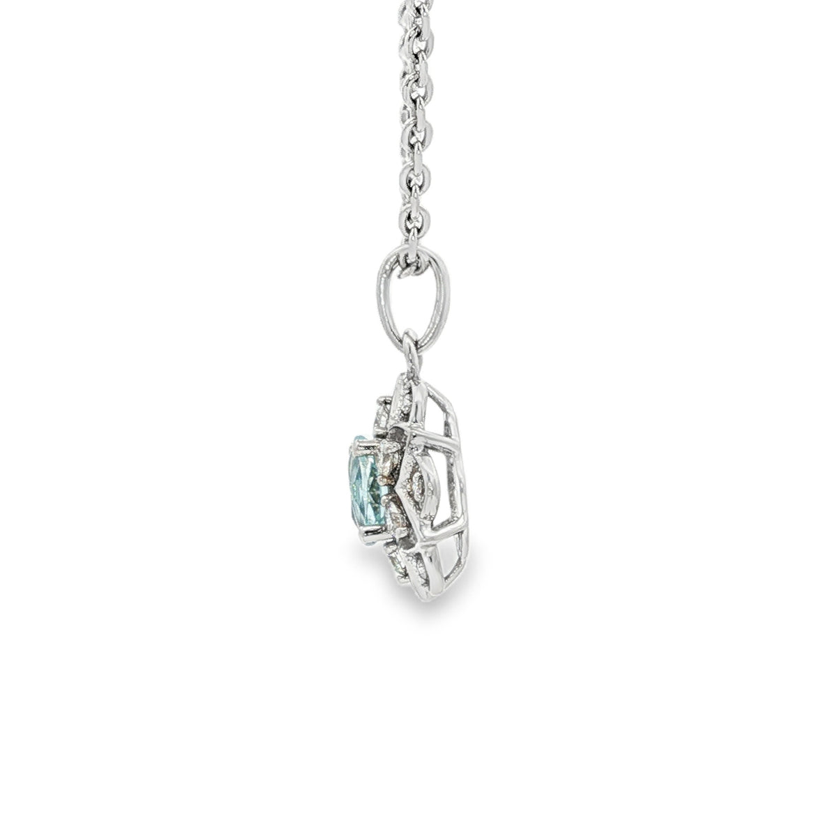14kt White Gold .29 ct Oval Aquamarine with Diamond Flower Pendant
