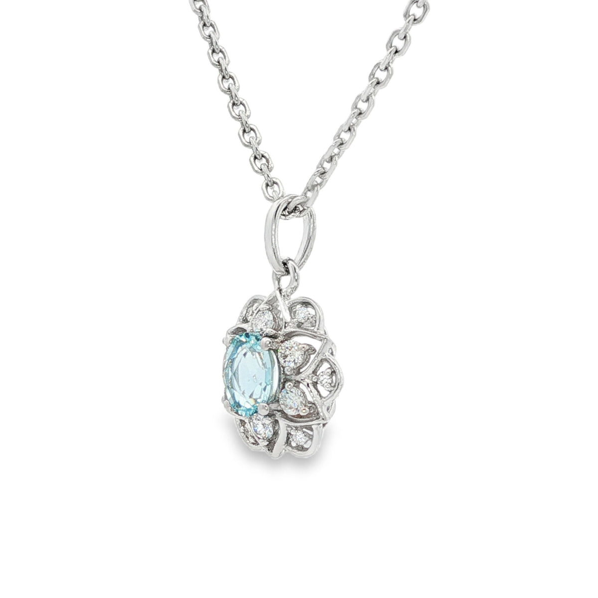14kt White Gold .29 ct Oval Aquamarine with Diamond Flower Pendant