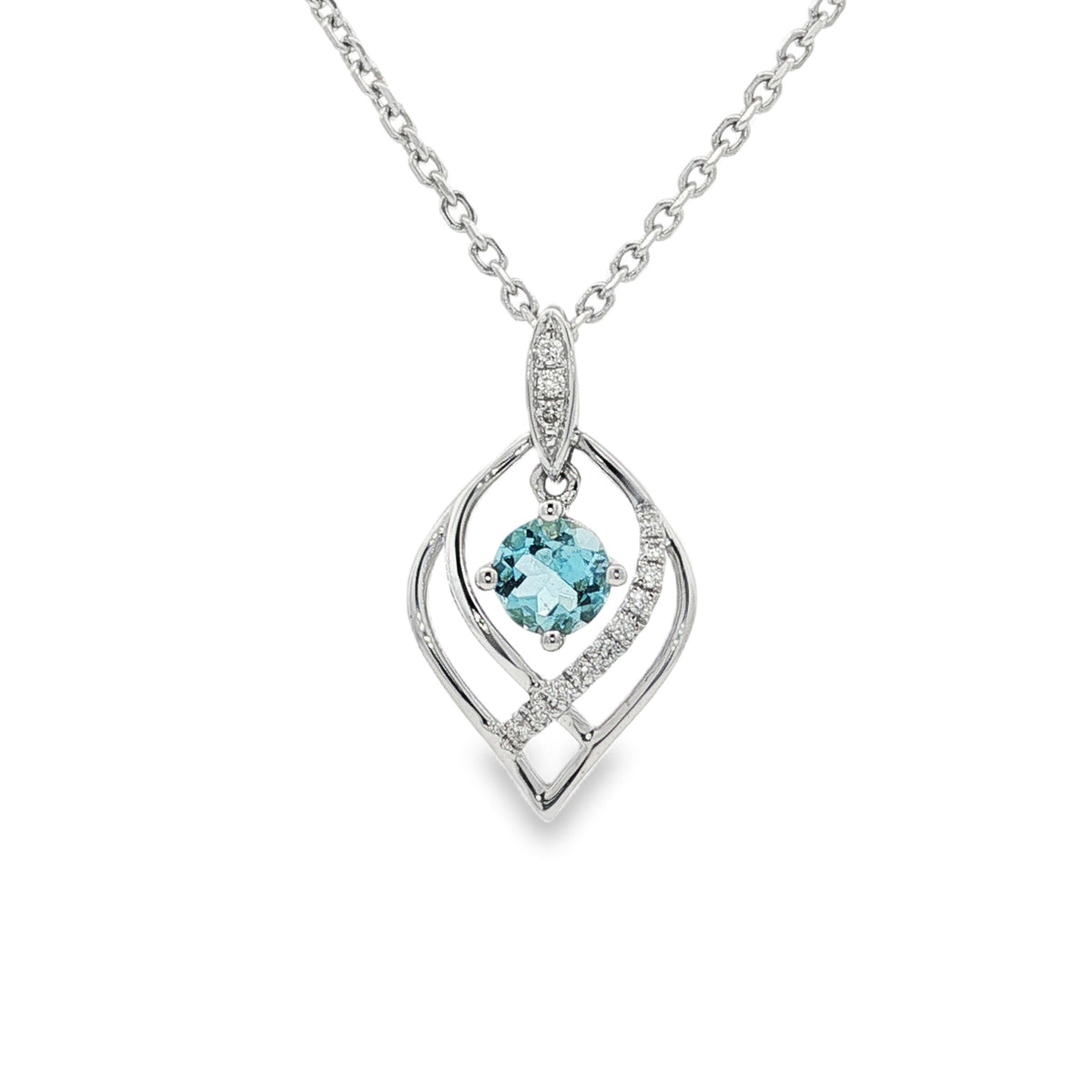 14kt White Gold .36 ct Round Aquamarine with .06 ctw Diamond Accent Freeform Pendant