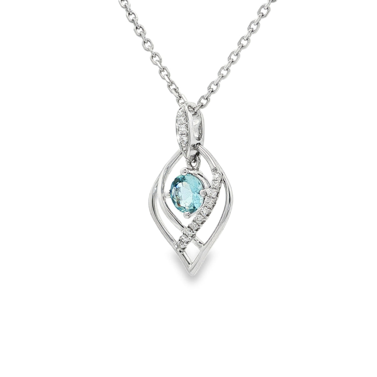 14kt White Gold .36 ct Round Aquamarine with .06 ctw Diamond Accent Freeform Pendant