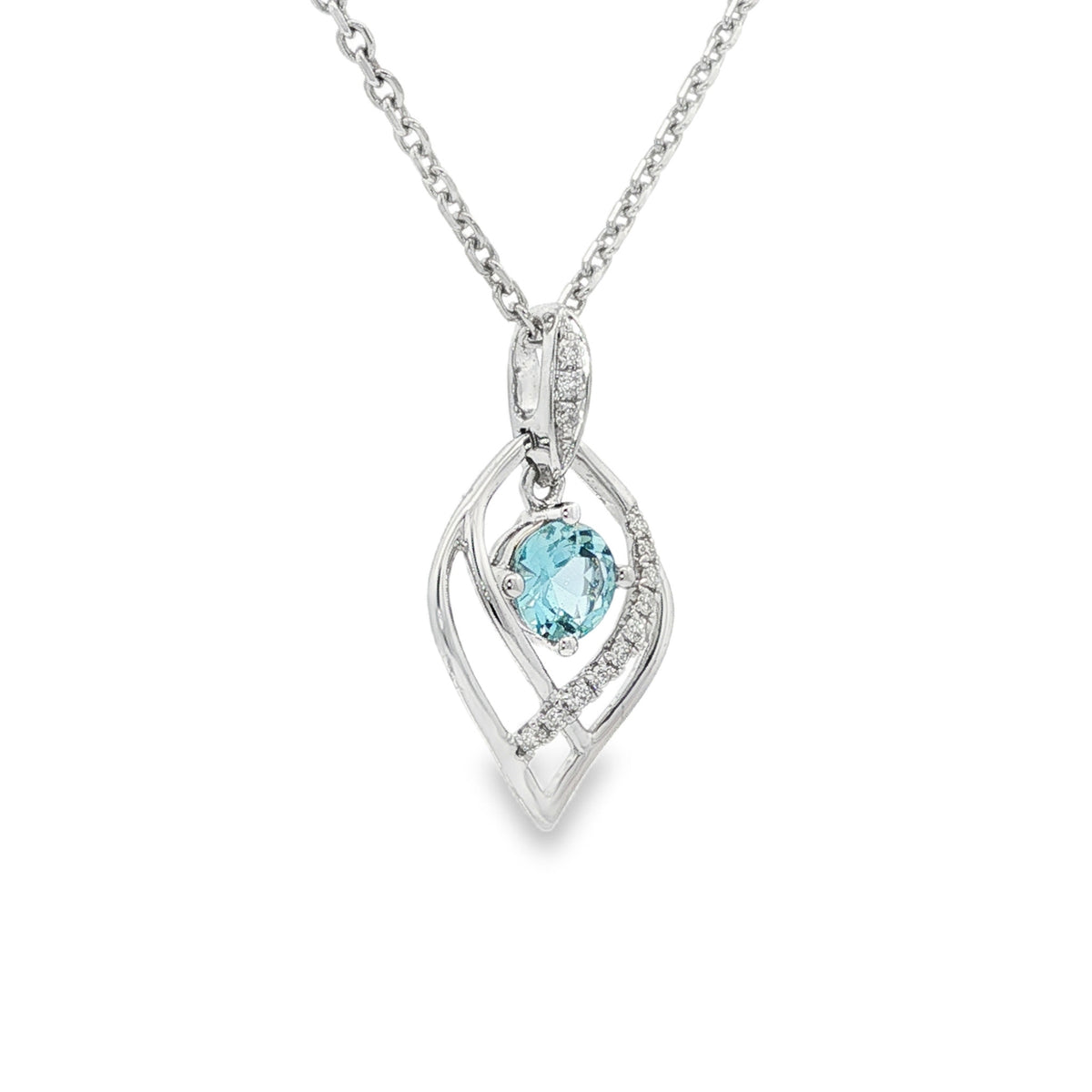 14kt White Gold .36 ct Round Aquamarine with .06 ctw Diamond Accent Freeform Pendant