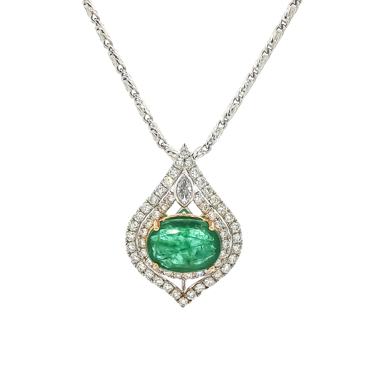 14kt White Gold 2.44 ct Oval Emerald & 0.67 ctw Round/Marquise Diamond East-West Bezel Slide Pendant