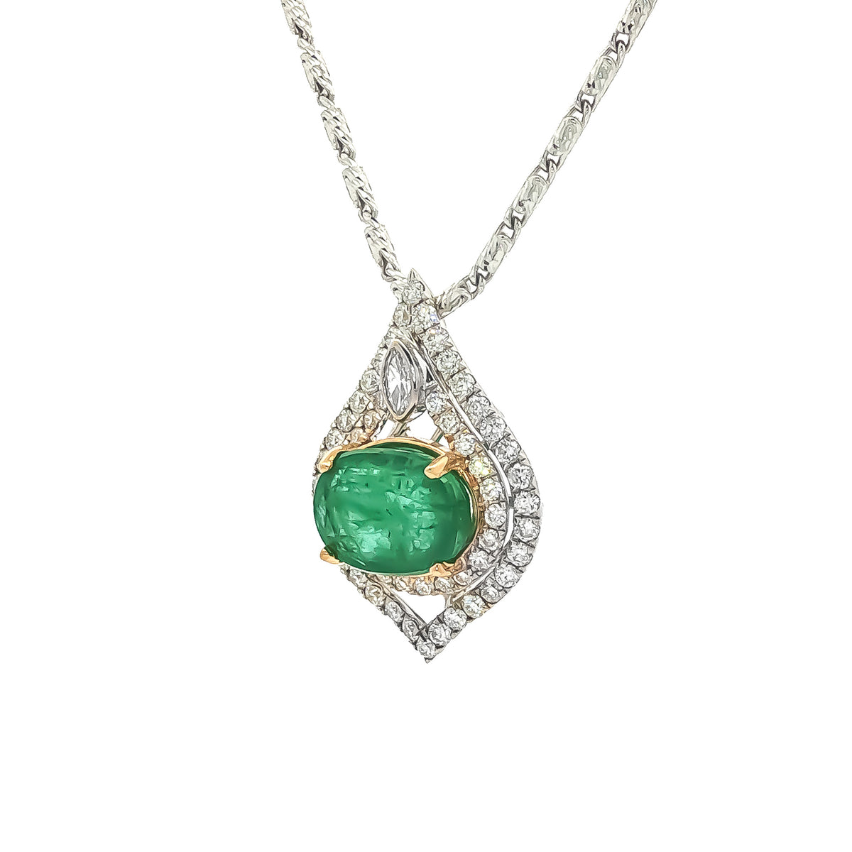 14kt White Gold 2.44 ct Oval Emerald & 0.67 ctw Round/Marquise Diamond East-West Bezel Slide Pendant
