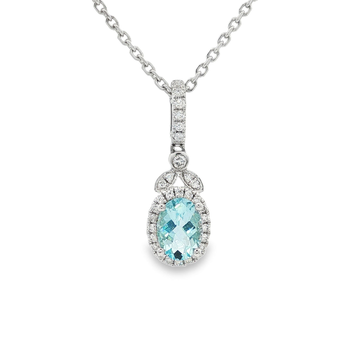 14kt White Gold .64 ct Oval Aquamarine with Diamond Halo Pendant