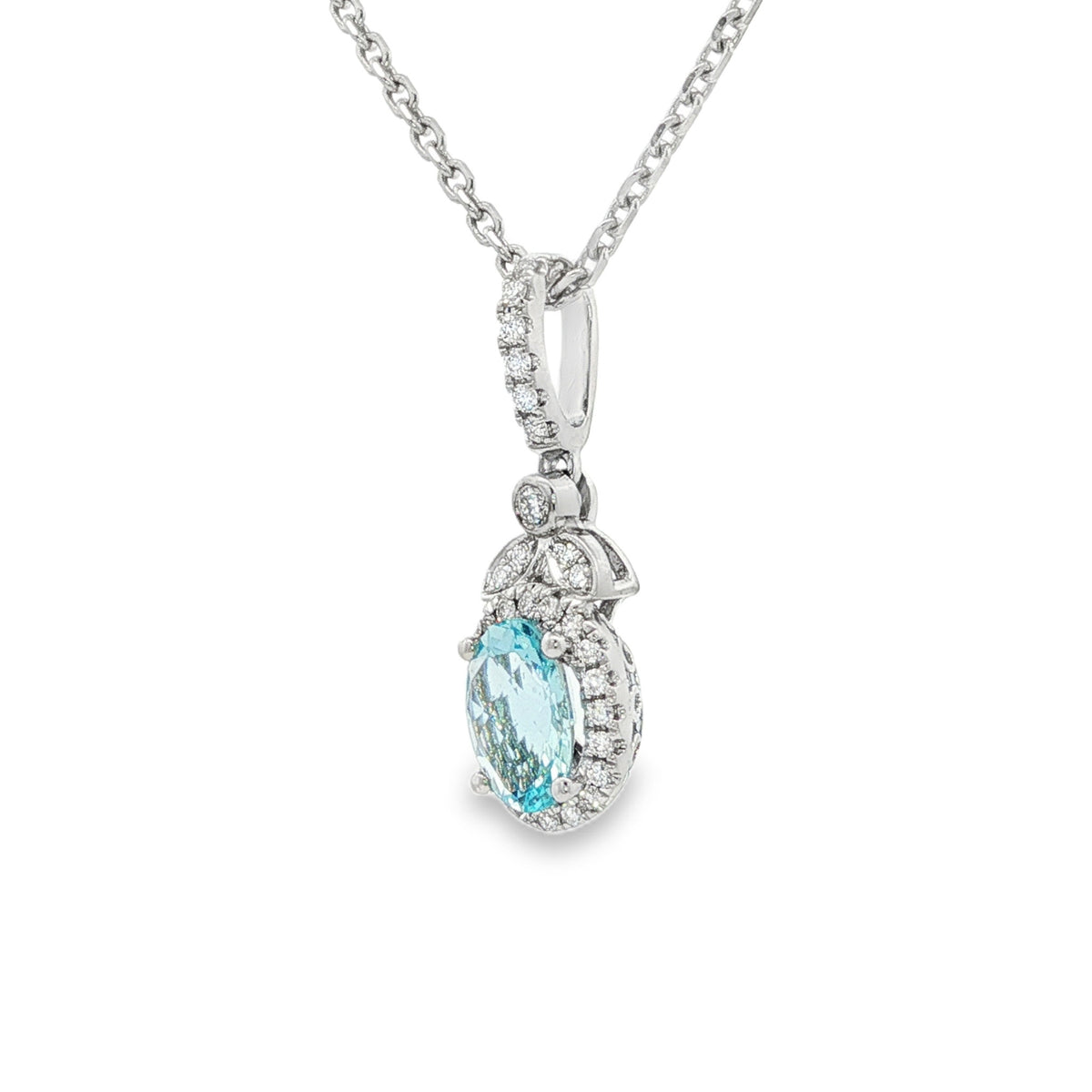 14kt White Gold .64 ct Oval Aquamarine with Diamond Halo Pendant