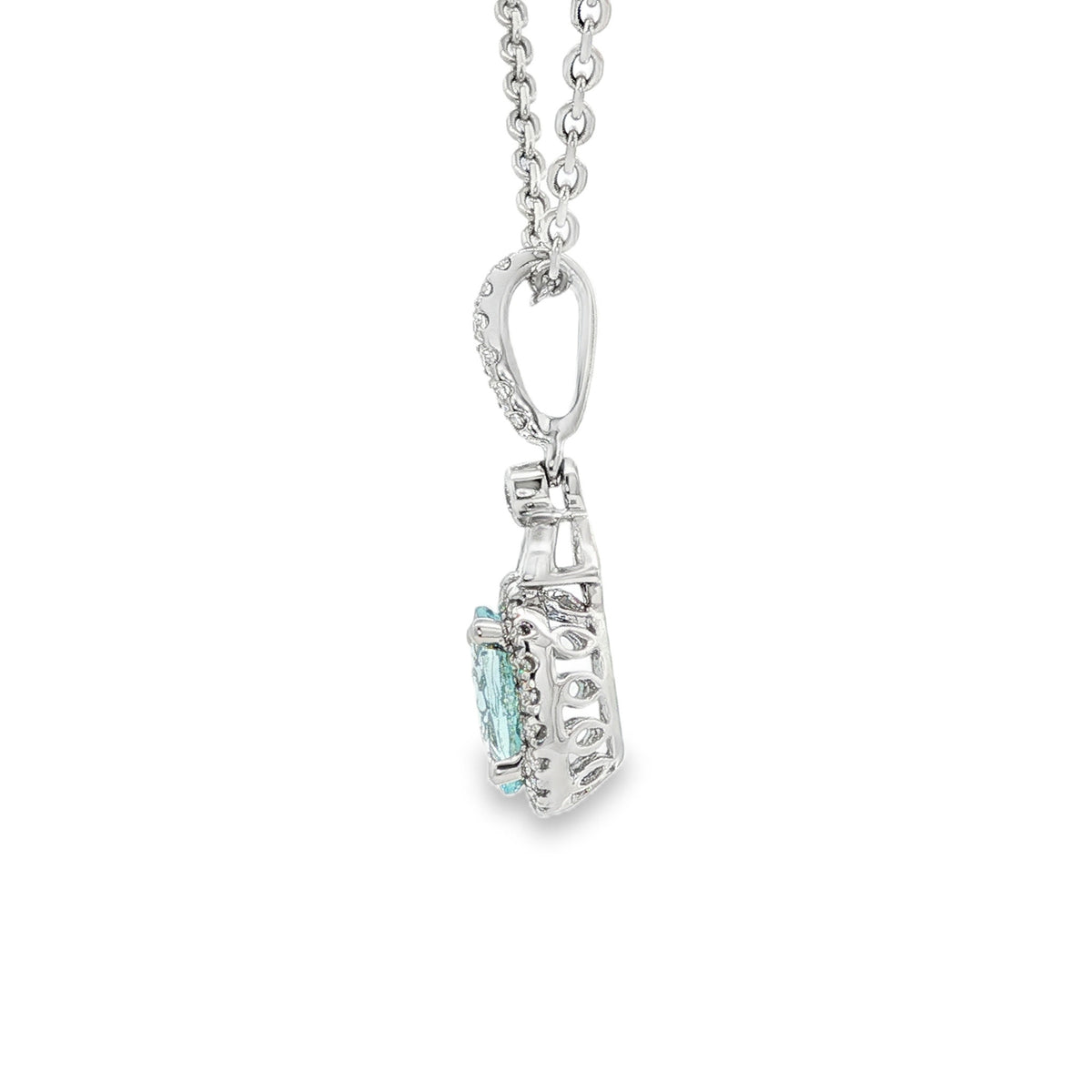 14kt White Gold .64 ct Oval Aquamarine with Diamond Halo Pendant