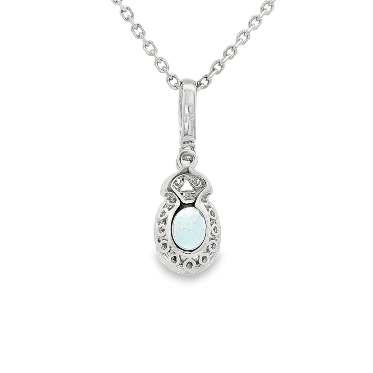 14kt White Gold .64 ct Oval Aquamarine with Diamond Halo Pendant