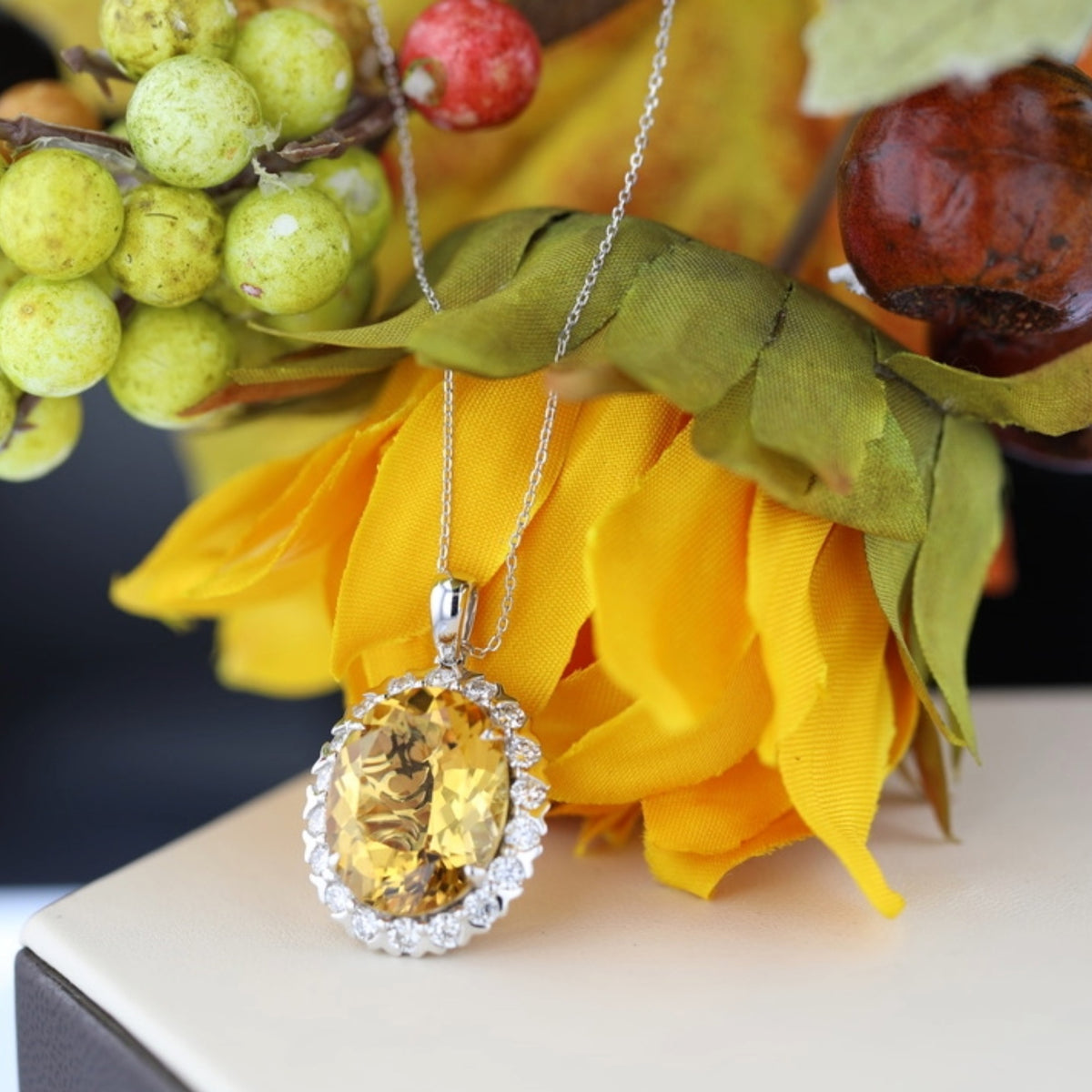 14kt White Gold 11.94 ct Oval Citrine with 1.47 ctw Diamond Halo Necklace