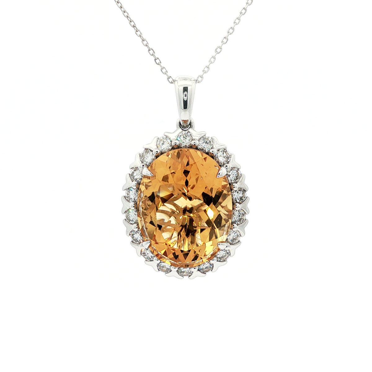 14kt White Gold 11.94 ct Oval Citrine with 1.47 ctw Diamond Halo Necklace