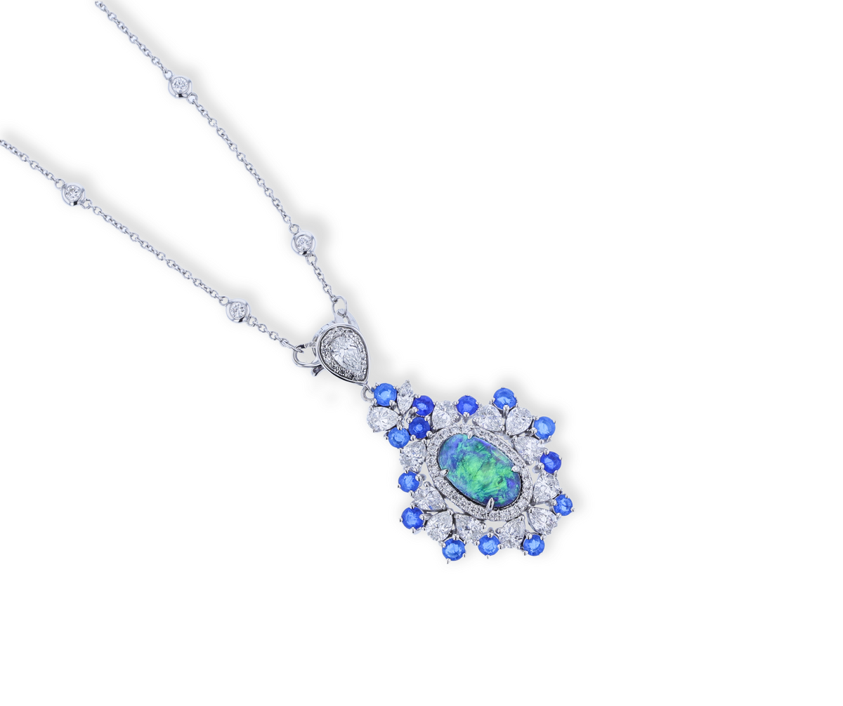 JULEVE 18KT WHITE GOLD 1.69CT BLACK OPAL, 1.15CT HAUYNE & 2.78CTW DIAMOND NECKLACE