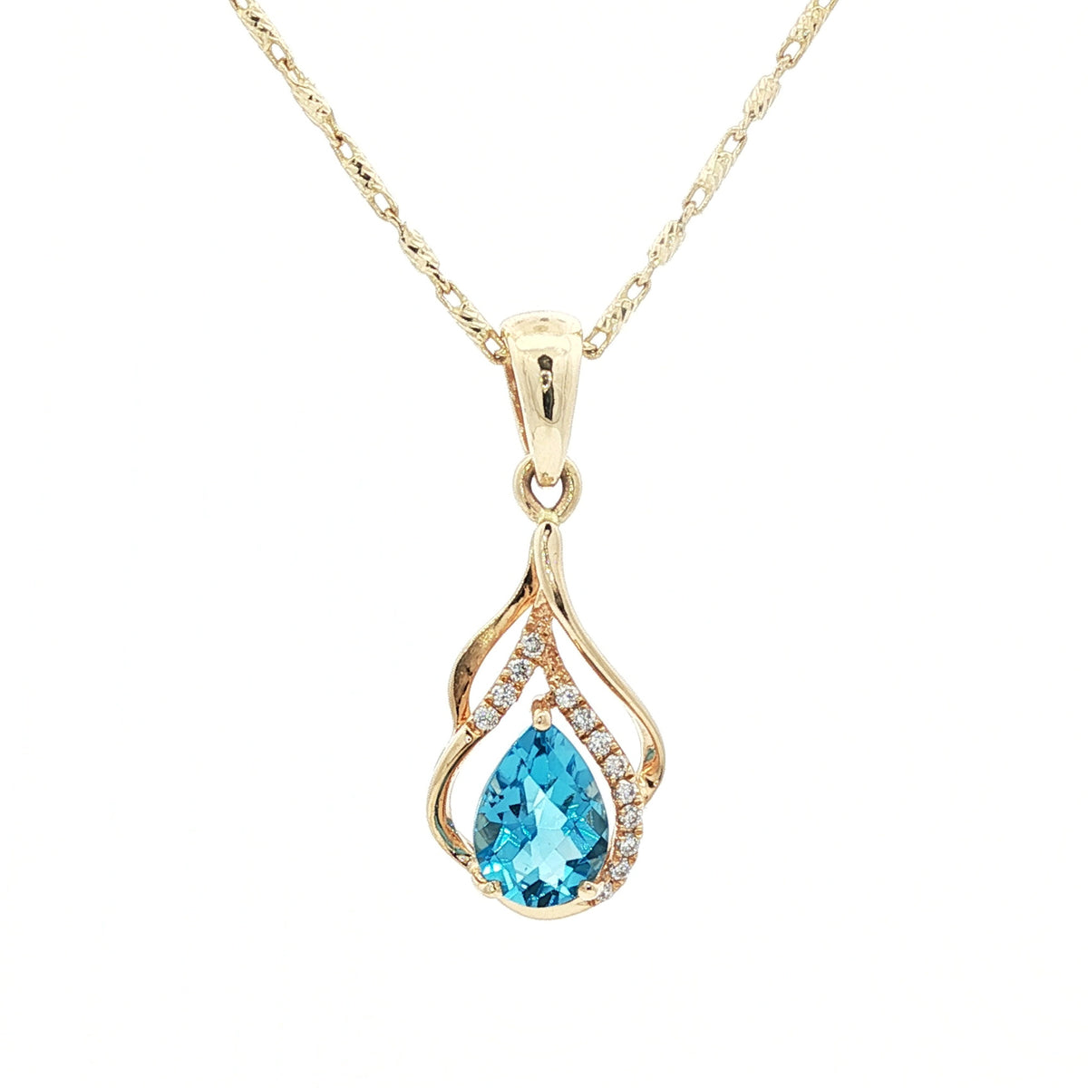 14kt Yellow Gold Swirl & .77 ct Blue Topaz with Diamond Accent Pendant